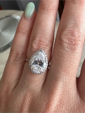 Teardrop Halo Solitaire Ring - Clear Crystal on Silver with Halo